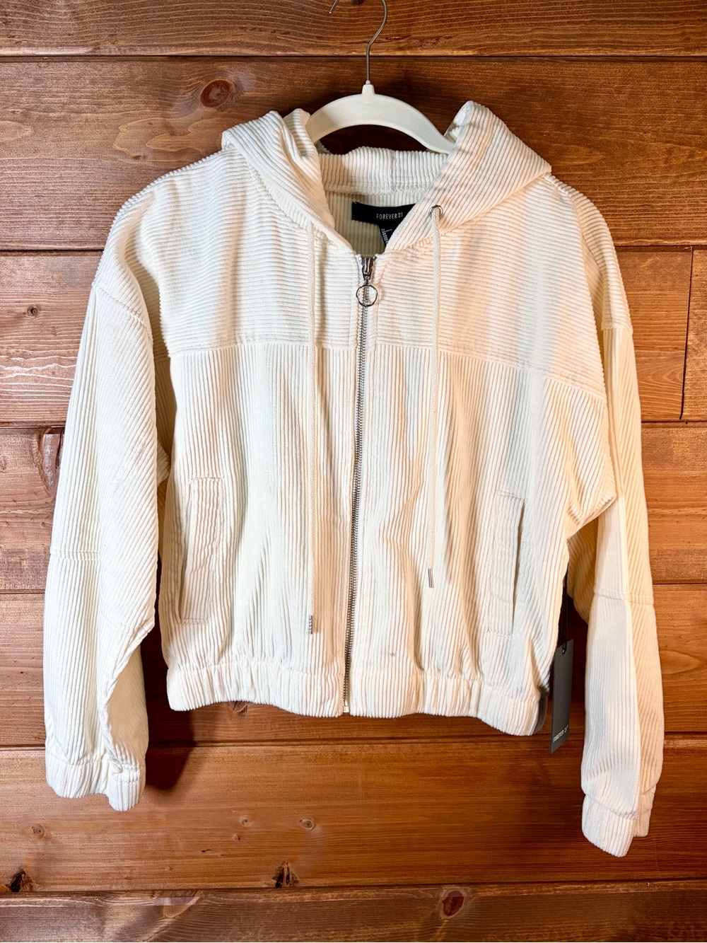 Forever 21 Cream Corduroy Hoodie Zip-Up Bomber Jacket with Hood Size Small 🌸
